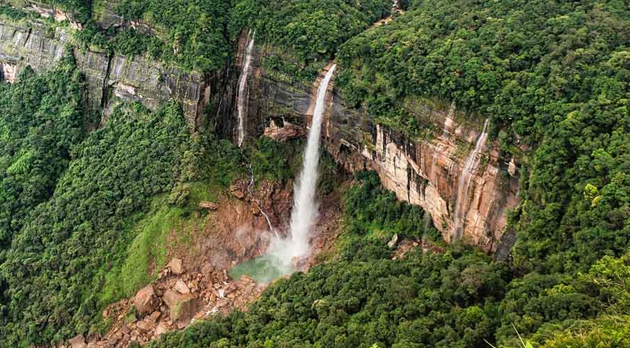 Majestic Nohkalikai Falls plunging from cliffs in Cherrapunji, Meghalaya