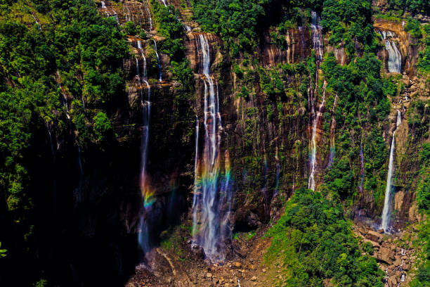 Backpackers standing near Nohkalikai Falls in Cherrapunji during group tour Meghalaya