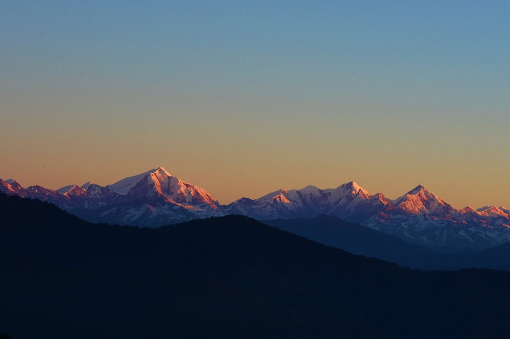 Distant view of snow-clad Gorichen Peak