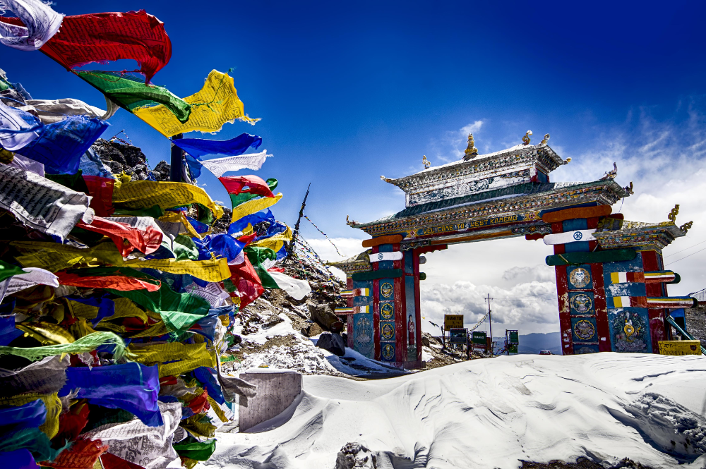 Snow-covered Sela Pass with frozen lake