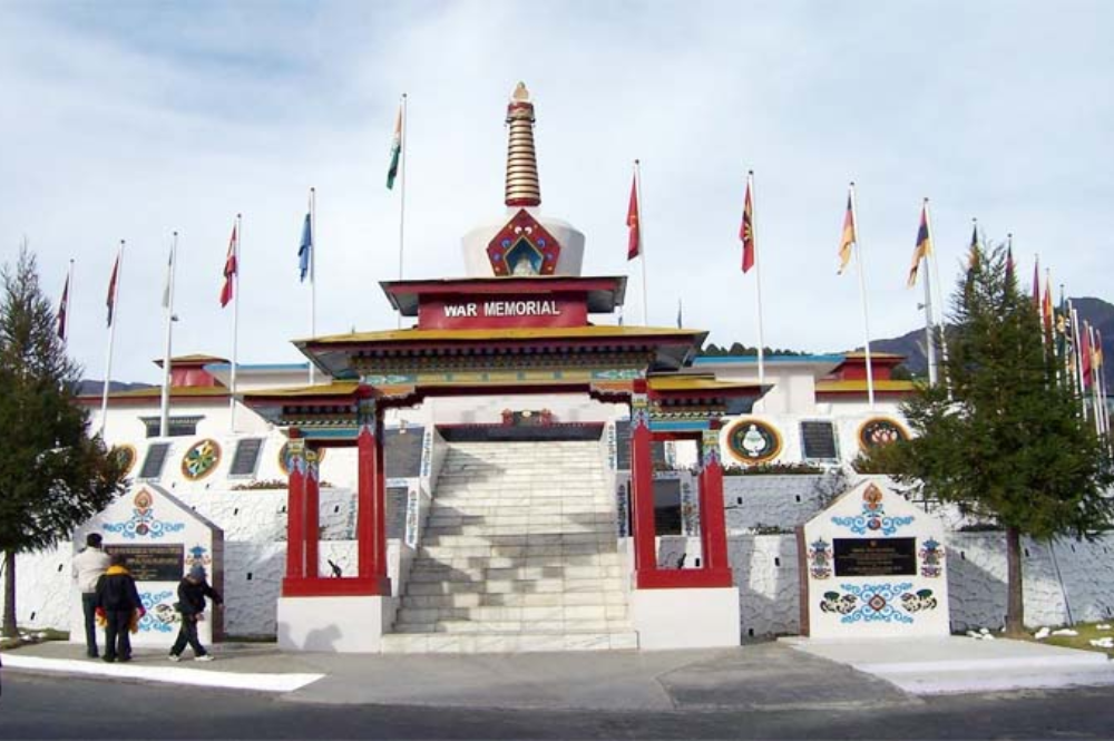 Tawang War Memorial with Indian flags