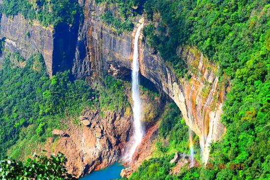 Aerial view of Nohkalikai Falls plunging from a cliff in Cherrapunji